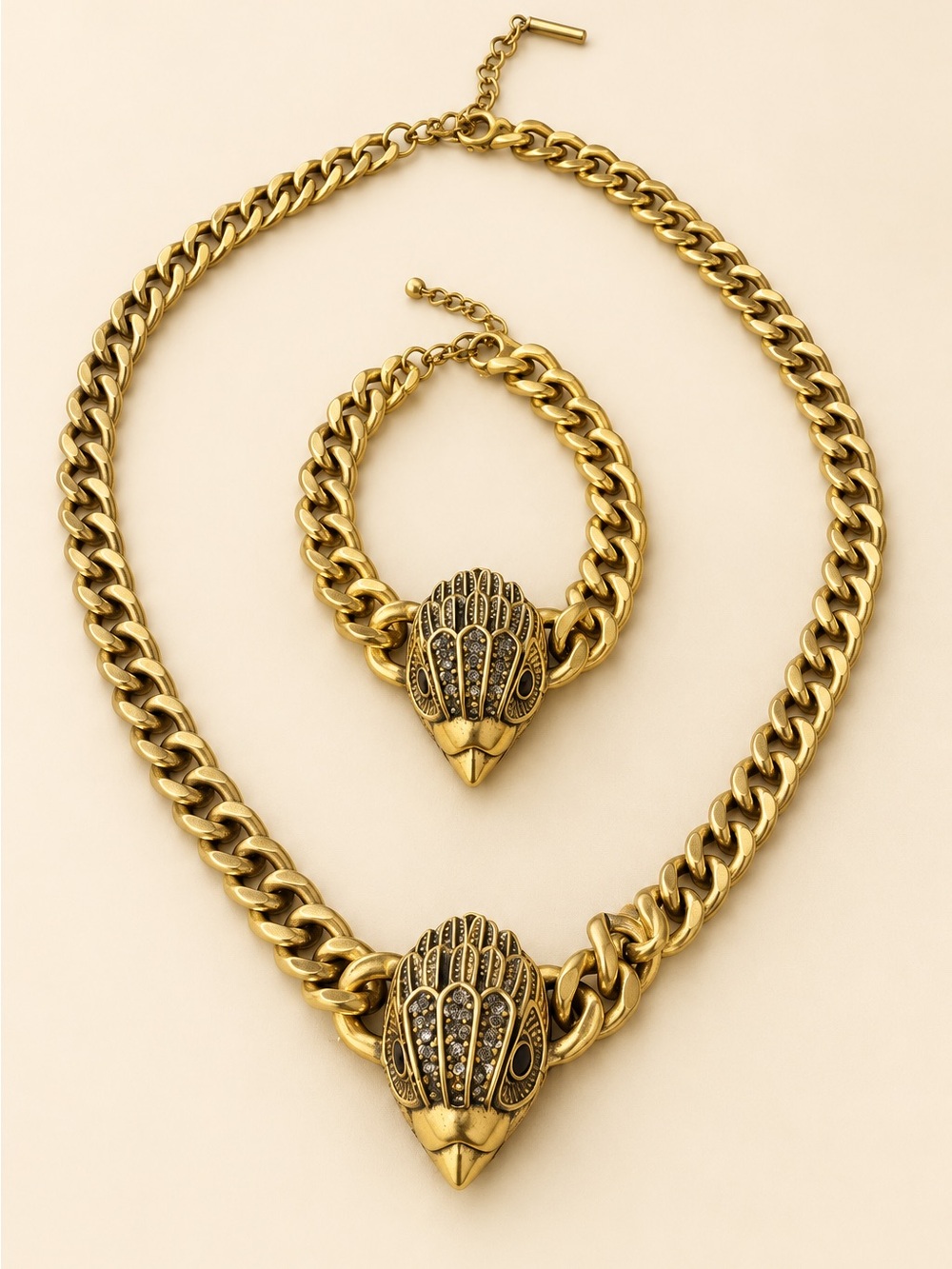 Chunky Antique Gold Eagle Head Necklace & Bracelet Set